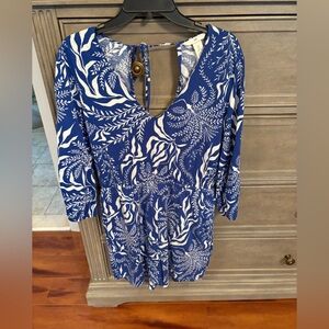 H and M Blue and White Leaf Print romper